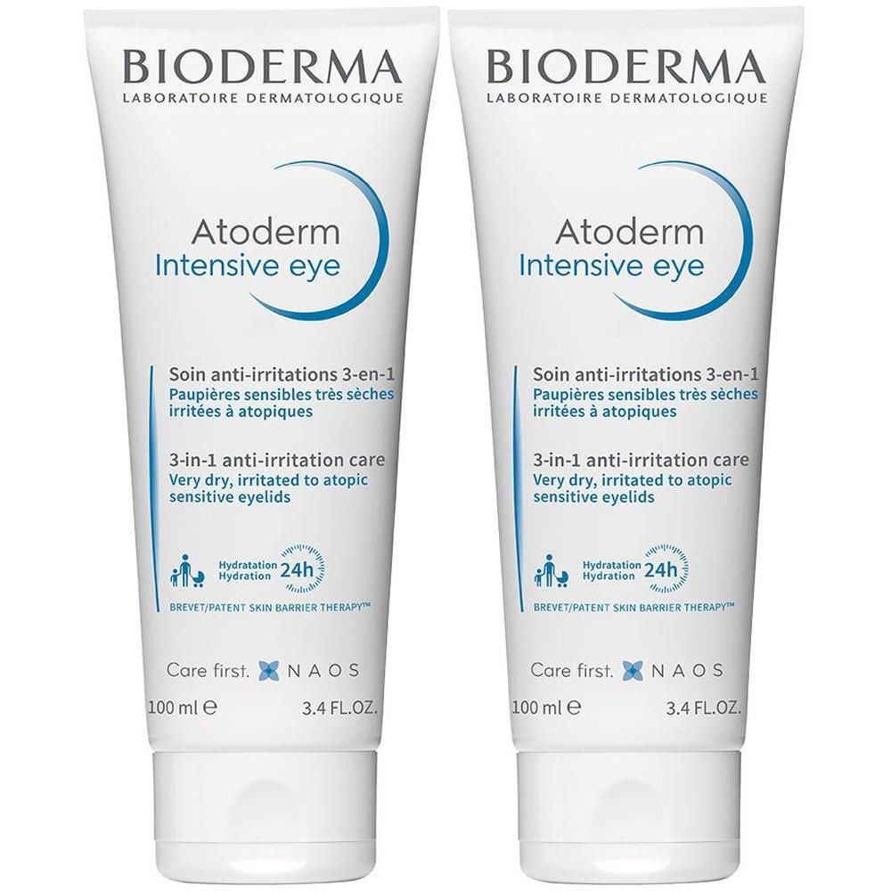 Zwei Tuben BIODERMA Atoderm Intensive eye Augencreme. Weiße Tuben mit blauer Schrift und Logo. 100 ml.