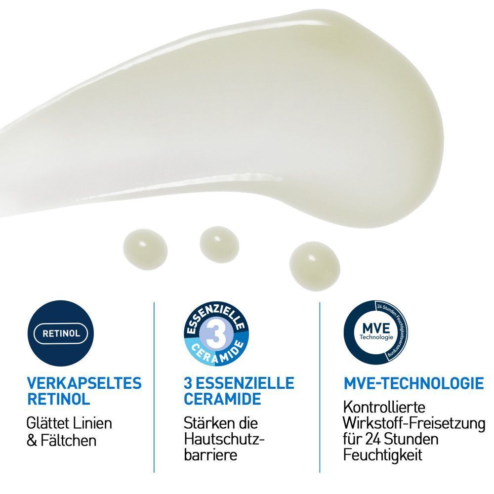 Nahaufnahme von Serumtropfen. Text: Verkapseltes Retinol, 3 essenzielle Ceramide, MVE-Technologie. Produktinformationen.