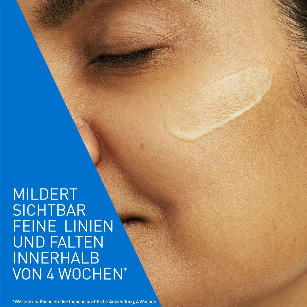 Gesicht mit Serum. Text: Mildert sichtbar feine Linien und Falten innerhalb von 4 Wochen. Produktanwendung.