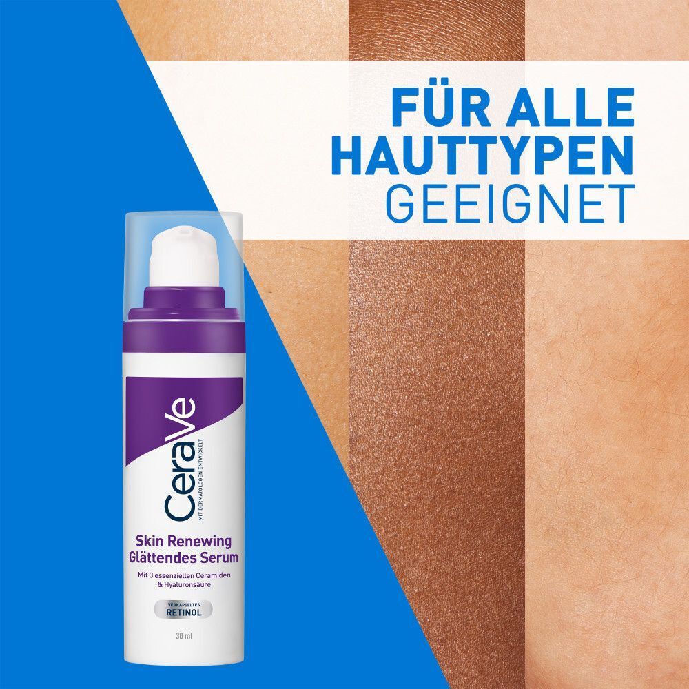 CeraVe Skin Renewing Serum. Flasche vor Hautmustern. Text: Für alle Hauttypen geeignet. Produktpräsentation.