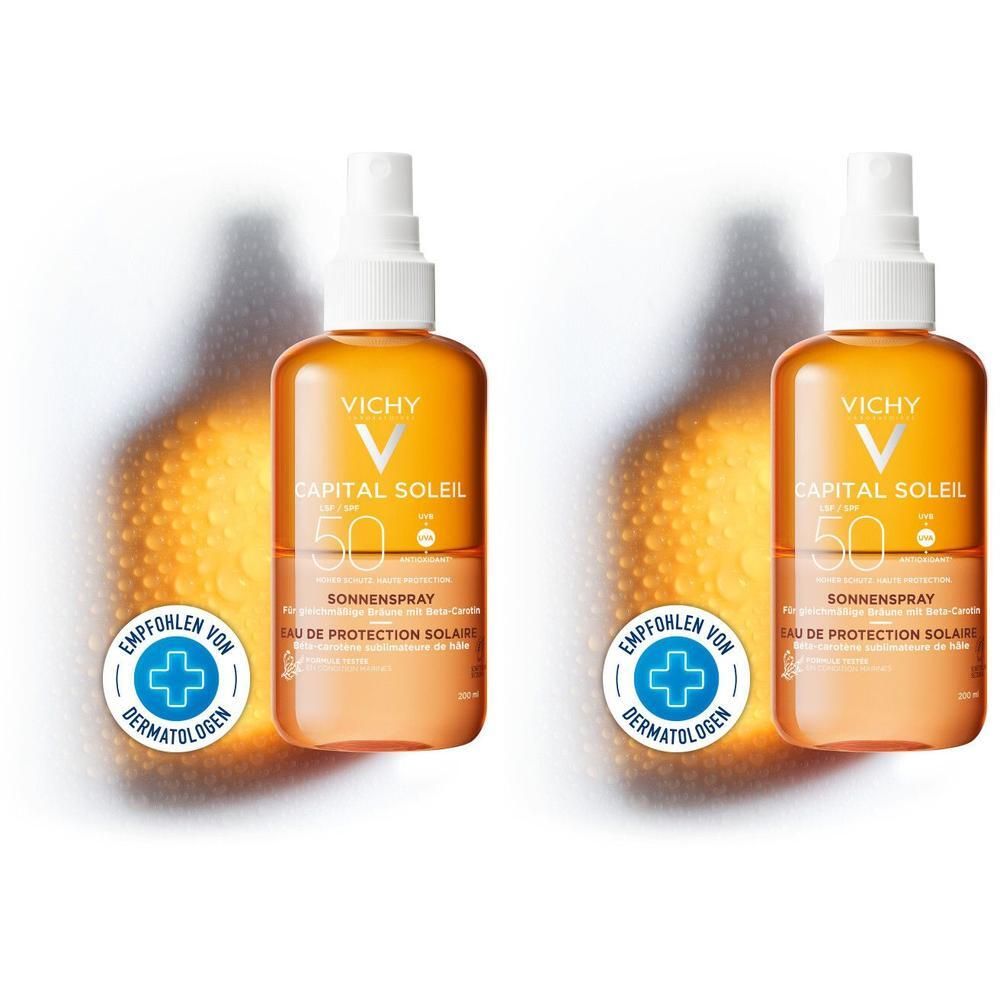 Zwei Flaschen Sonnenspray LSF 50. VICHY CAPITAL Soleil. Empfohlen von Dermatologen.