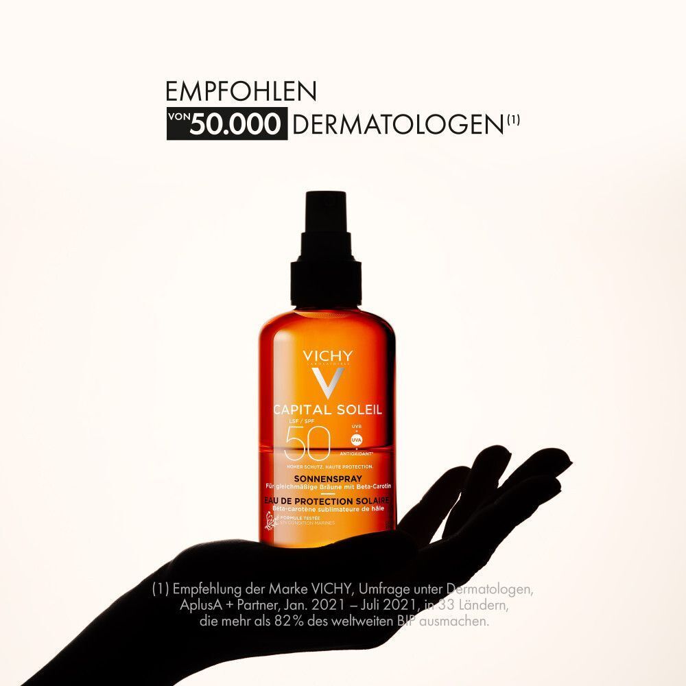 Hand hält eine Flasche Sonnenspray. Text: Empfohlen von 50.000 Dermatologen.
