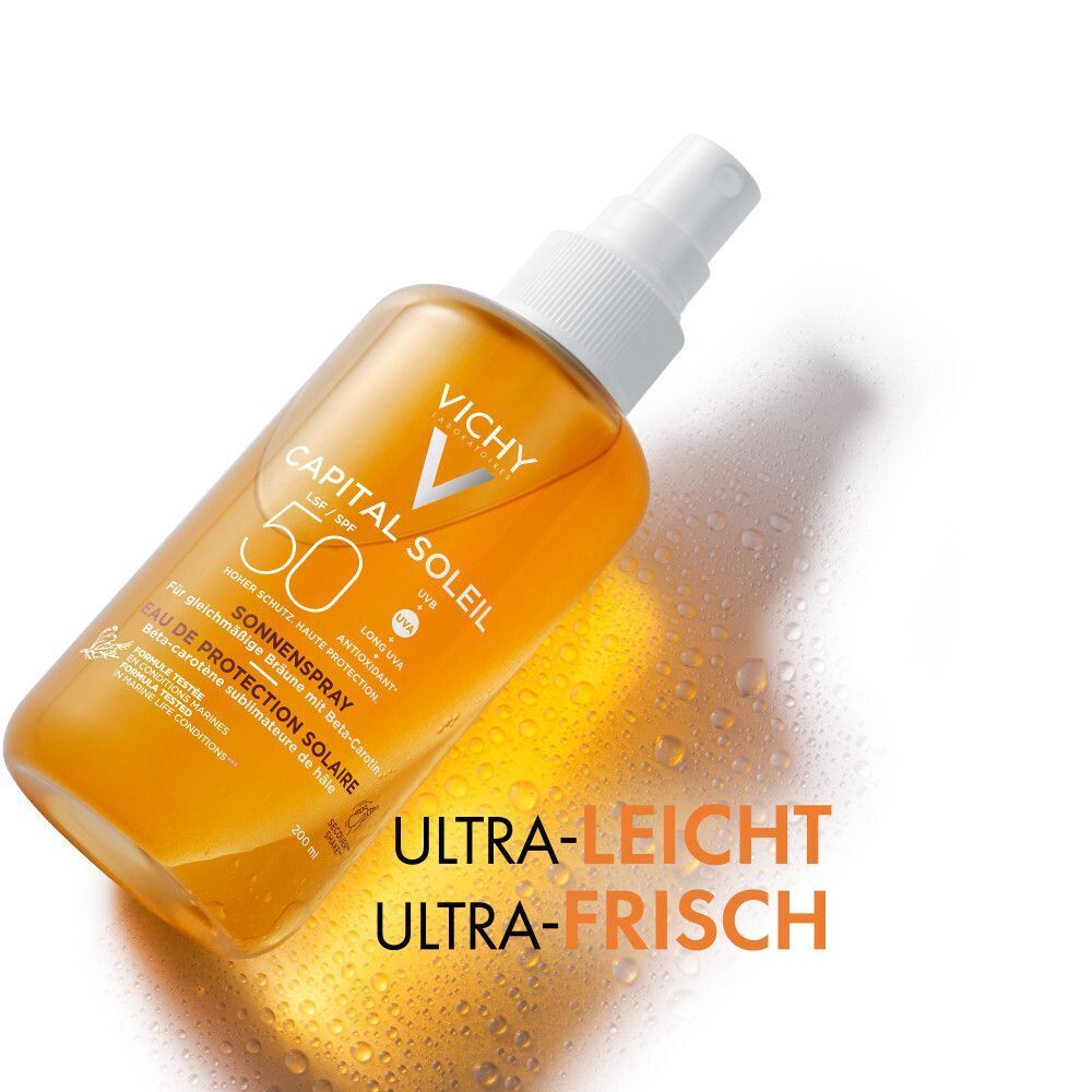 Sonnenspray-Flasche mit Text: Ultra-leicht, Ultra-frisch.