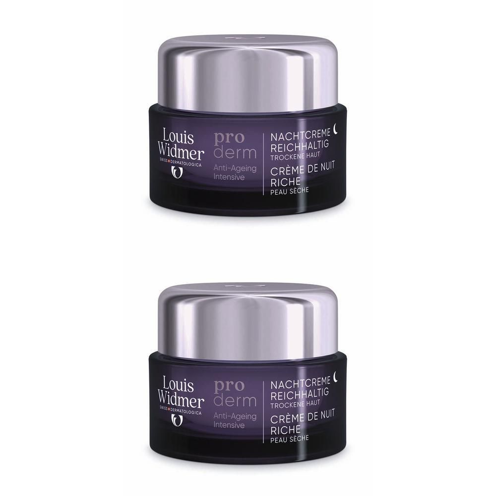Zwei Tiegel Nachtcreme, dunkelviolett mit silbernem Deckel. Aufschrift: Louis Widmer, pro derm, Nachtcreme reichhaltig.