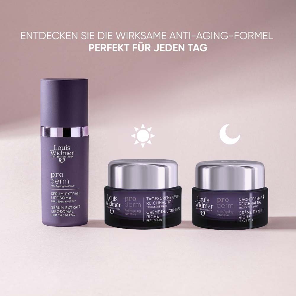 Drei Produkte: Serum, Tagescreme, Nachtcreme. Aufschrift: Louis Widmer, pro derm, Anti-Ageing Intensive.