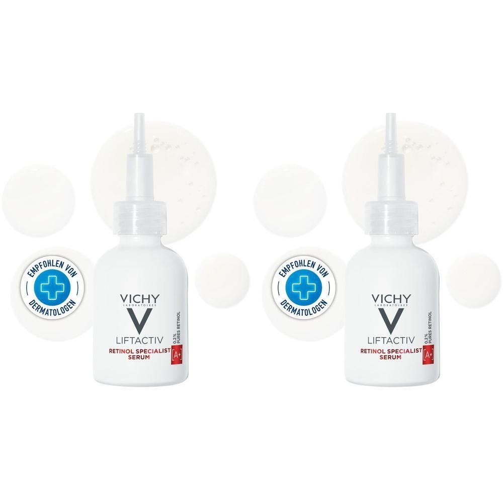 Zwei Flaschen VICHY LIFTACTIV Retinol Specialist Serum. Weiße Flaschen mit Applikator. Dermatologisch getestet.