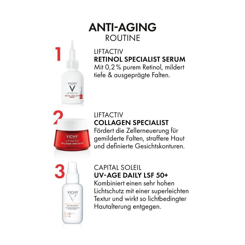Anti-Aging-Routine: VICHY LIFTACTIV Retinol Specialist Serum, Collagen Specialist, Capital Soleil UV-AGE DAILY LSF 50+.