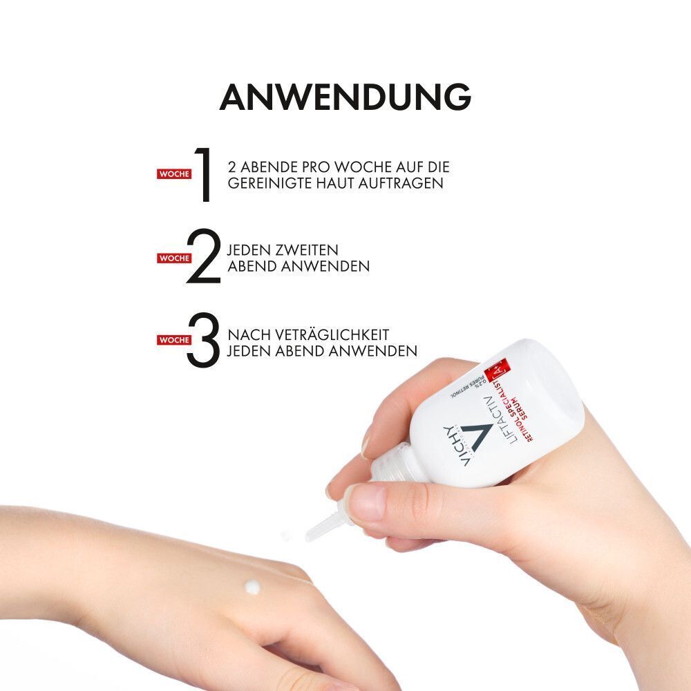 Anwendung: 2 Abende pro Woche, jeden zweiten Abend, nach Verträglichkeit jeden Abend. Serum auf Hand.