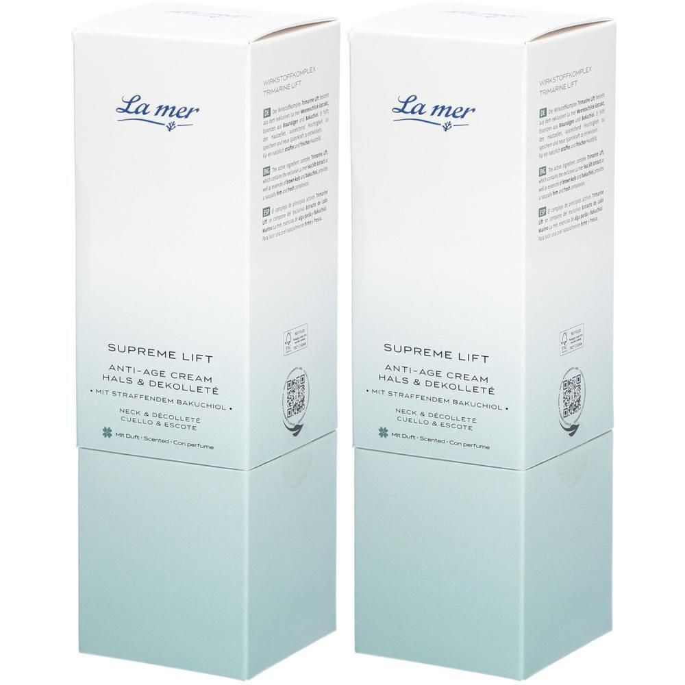 Zwei weiße Produktverpackungen. Aufschrift: La mer, Supreme Lift Anti-Age Cream Hals & Dekolleté. Mit QR-Code und Text.
