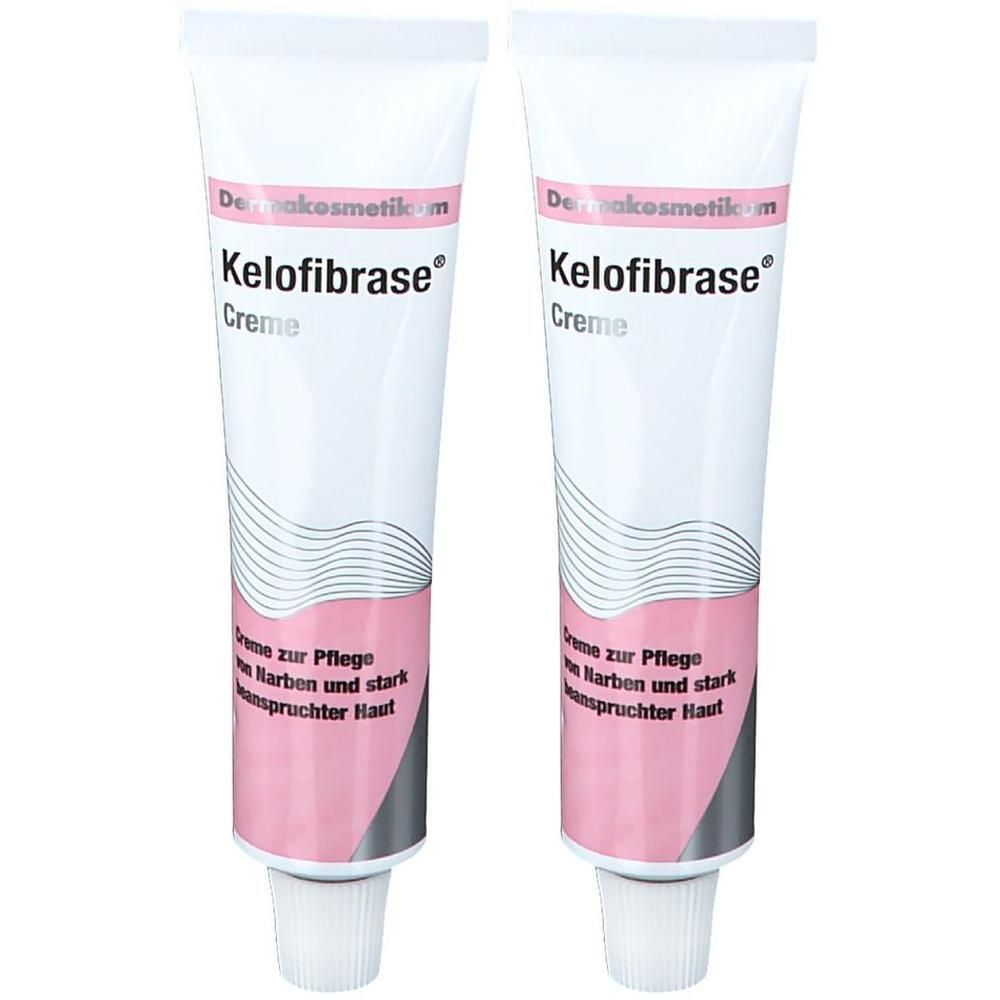 Zwei Tuben Kelofibrase Creme. Weiße Tuben mit rosa und grauen Akzenten. Text: Kelofibrase Creme, Creme zur Pflege von Narben.