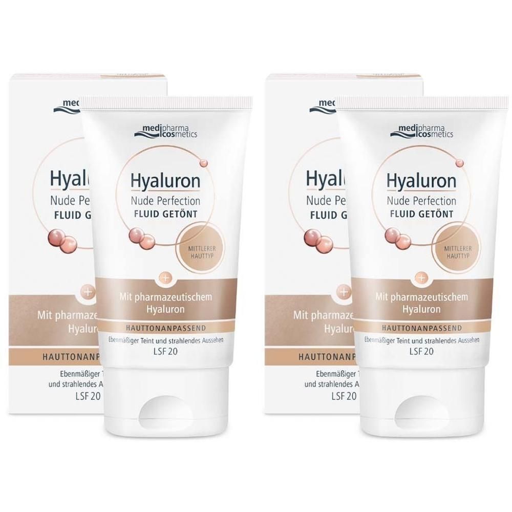 Zwei Tuben HYALURON NUDE Perfect.Fluid getö.mitt.HT LSF 20 mit Verpackung. Aufschrift: medi-pharma cosmetics, Hyaluron, Nude Perfection Fluid Getönt.