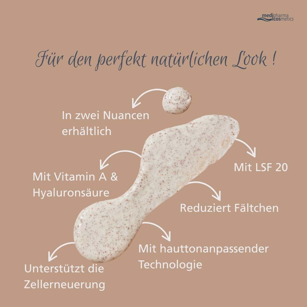 Produkt-Textur mit Pfeilen. Text: In zwei Nuancen erhältlich, Mit Vitamin A & Hyaluronsäure, Mit LSF 20, Reduziert Fältchen, Mit hautanpassender Technologie.