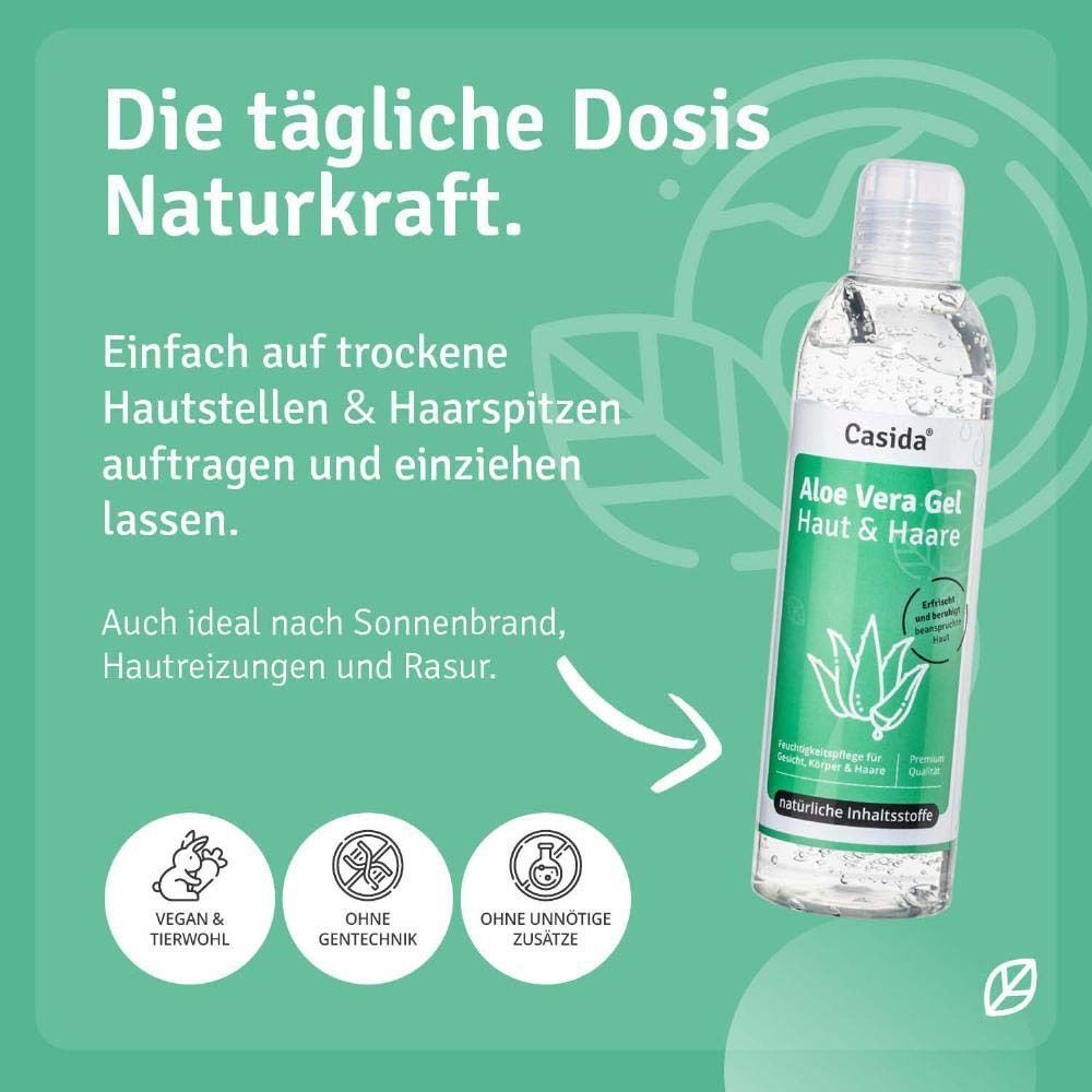 Eine Flasche Aloe Vera Gel. Aufschrift: Casida Aloe Vera Gel Haut & Haare. Vegan- und gentechnikfrei. Anwendungshinweise.