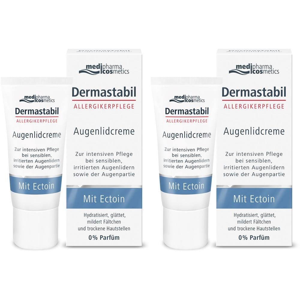 Zwei Tuben und zwei Faltschachteln DERMASTABIL Augenlidcreme. Weiße Tuben mit blauer Schrift, in weißen Schachteln.