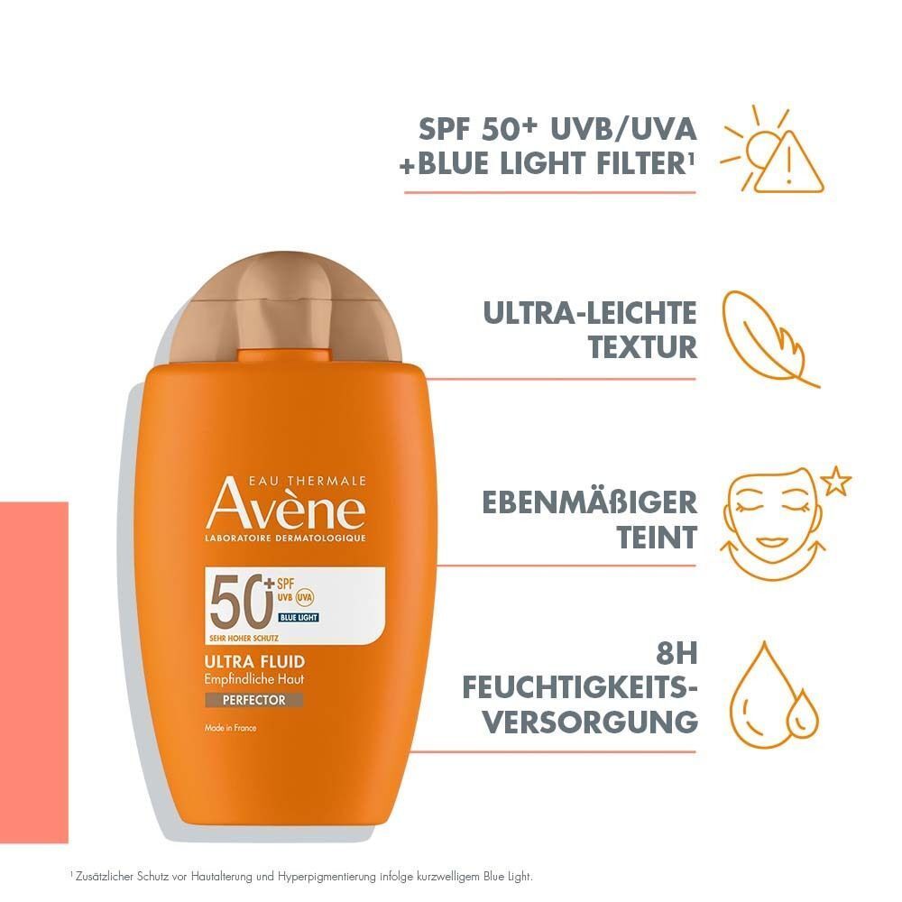 Orangefarbene Flasche mit braunem Deckel. Text: SPF 50+ UVB/UVA + Blue Light Filter. Text: Ultra-leichte Textur.