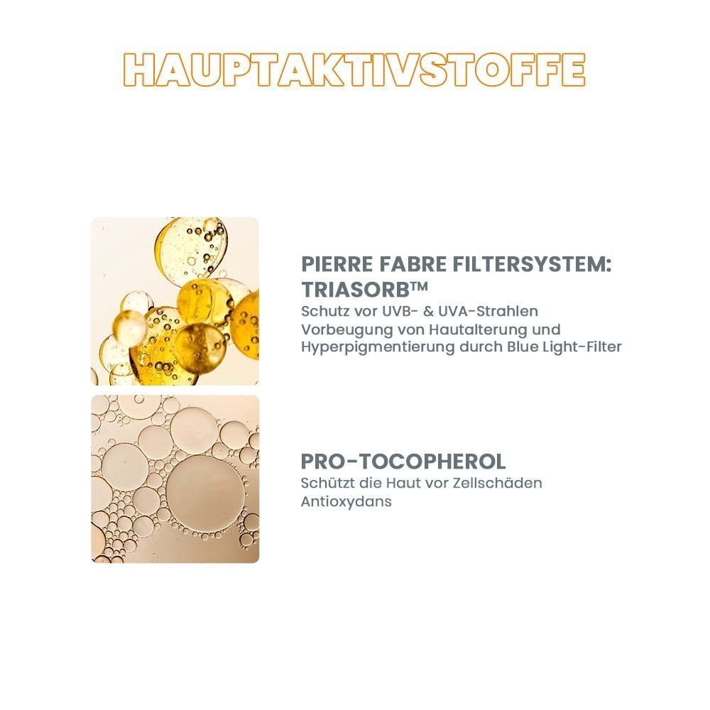 Text: Hauptaktivstoffe. Pierre Fabre Filtersystem: TriAsorbB. Pro-Tocopherol. Schutz vor Zellschäden.