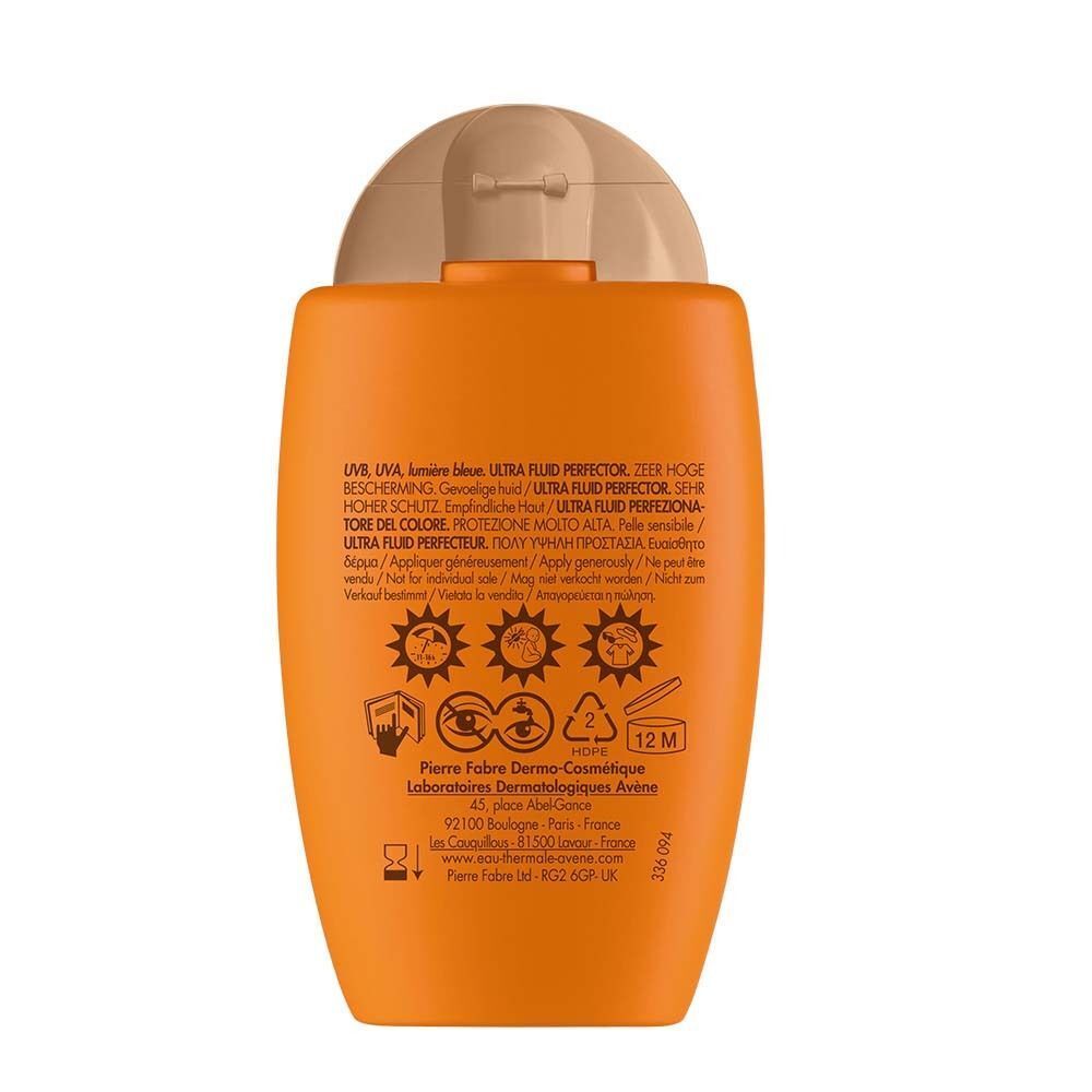 Rückseite einer orangefarbenen Flasche. Text: UV, UVA, lumière bleue. Text: Hoher Schutz. Text: 12M.