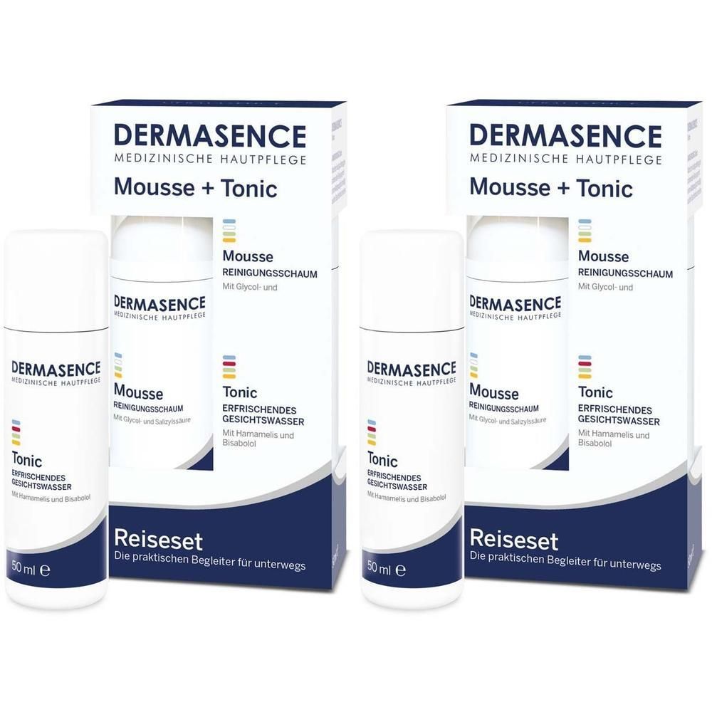 Zwei DERMASENCE Reiseset 2x Packungen. Jede Packung enthält Mousse und Tonic. Weiße Flaschen mit blauer und gelber Beschriftung.
