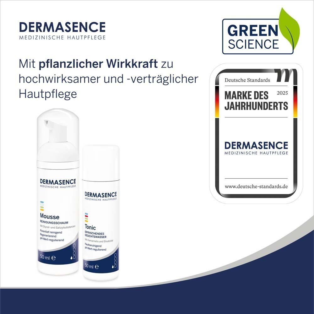DERMASENCE Mousse und Tonic. Grün-Siegel 'Green Science' und Auszeichnung 'Marke des Jahrhunderts 2025'. Weiße Flaschen.