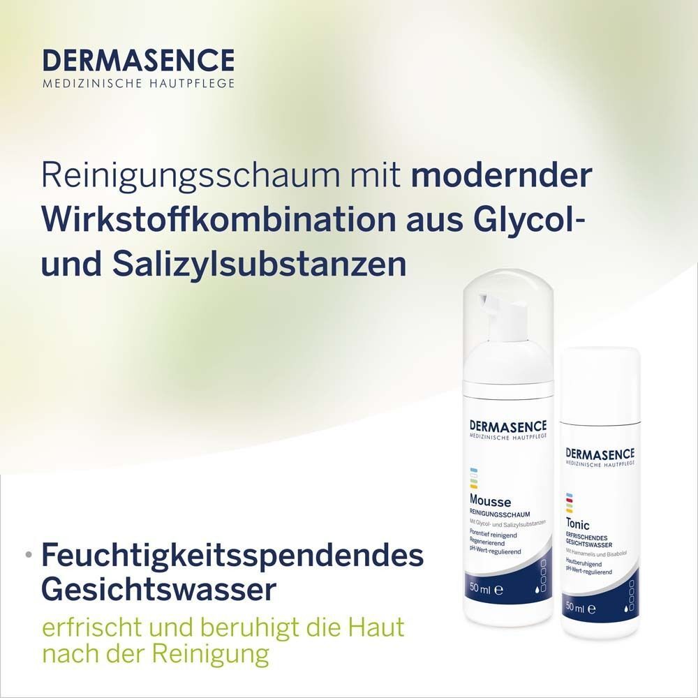DERMASENCE Mousse und Tonic. Weiße Flaschen. Text: Feuchtigkeitsspendendes Gesichtswasser, erfrischt und beruhigt die Haut. 50 ml.