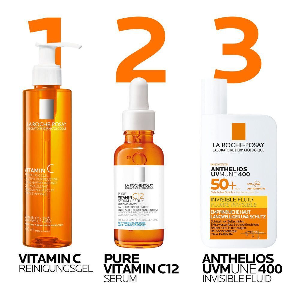 Drei Produkte nebeneinander: Reinigungsgel, Serum, Sonnencreme. Alle Produkte haben das Logo La Roche-Posay. Produktnamen sind sichtbar.
