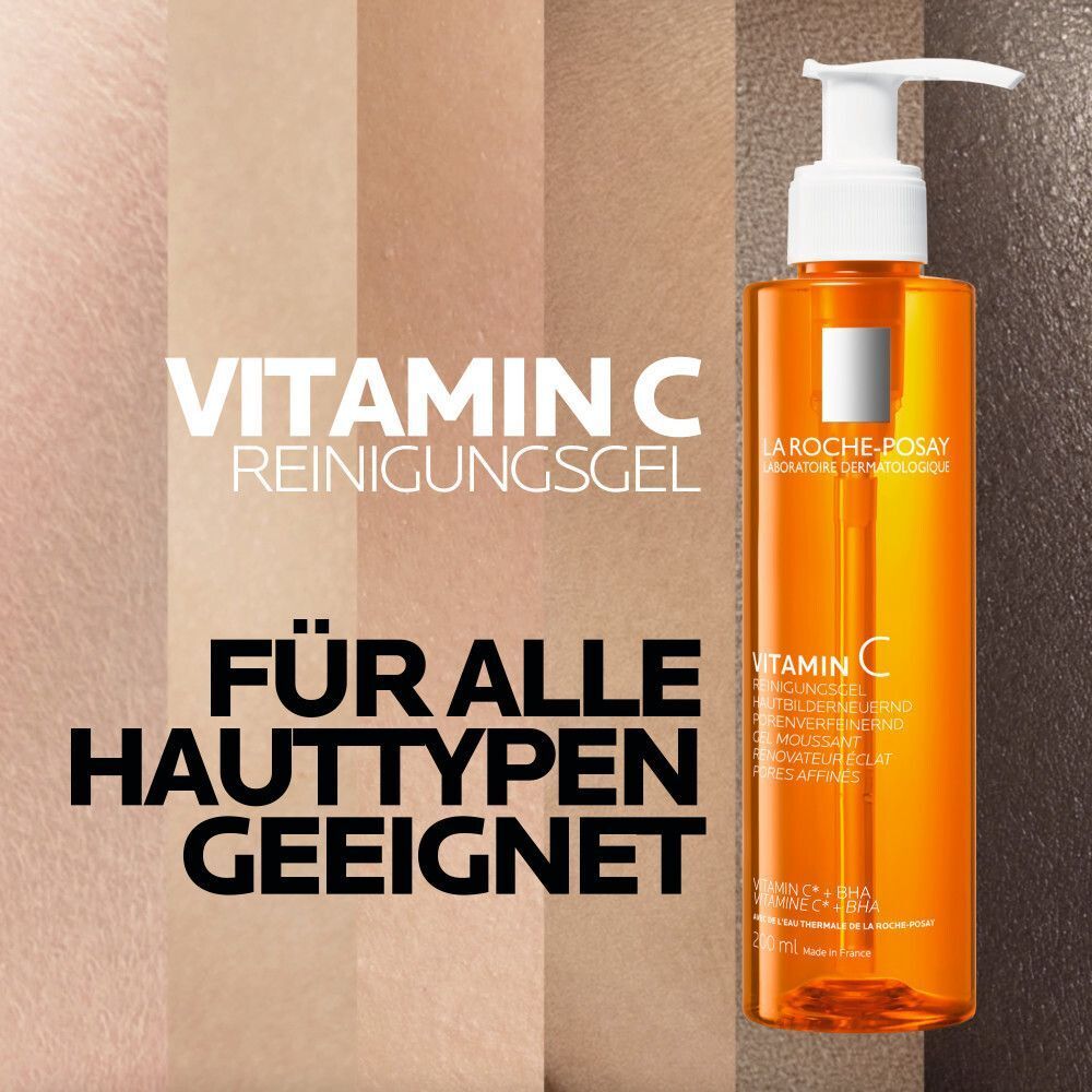 Eine Flasche Reinigungsgel mit Dosierpumpe. Text: Für alle Hauttypen geeignet. Hintergrund: verschiedene Hauttöne.