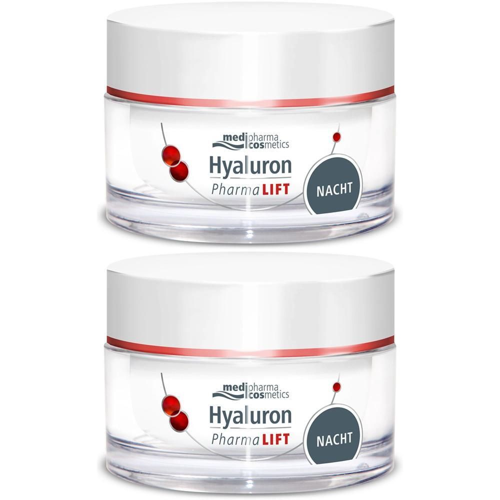 Zwei Cremetiegel mit weißem Deckel und Glasbehälter. Aufschrift: Hyaluron PharmaLift Nacht. Roter Zierstreifen und Logo.