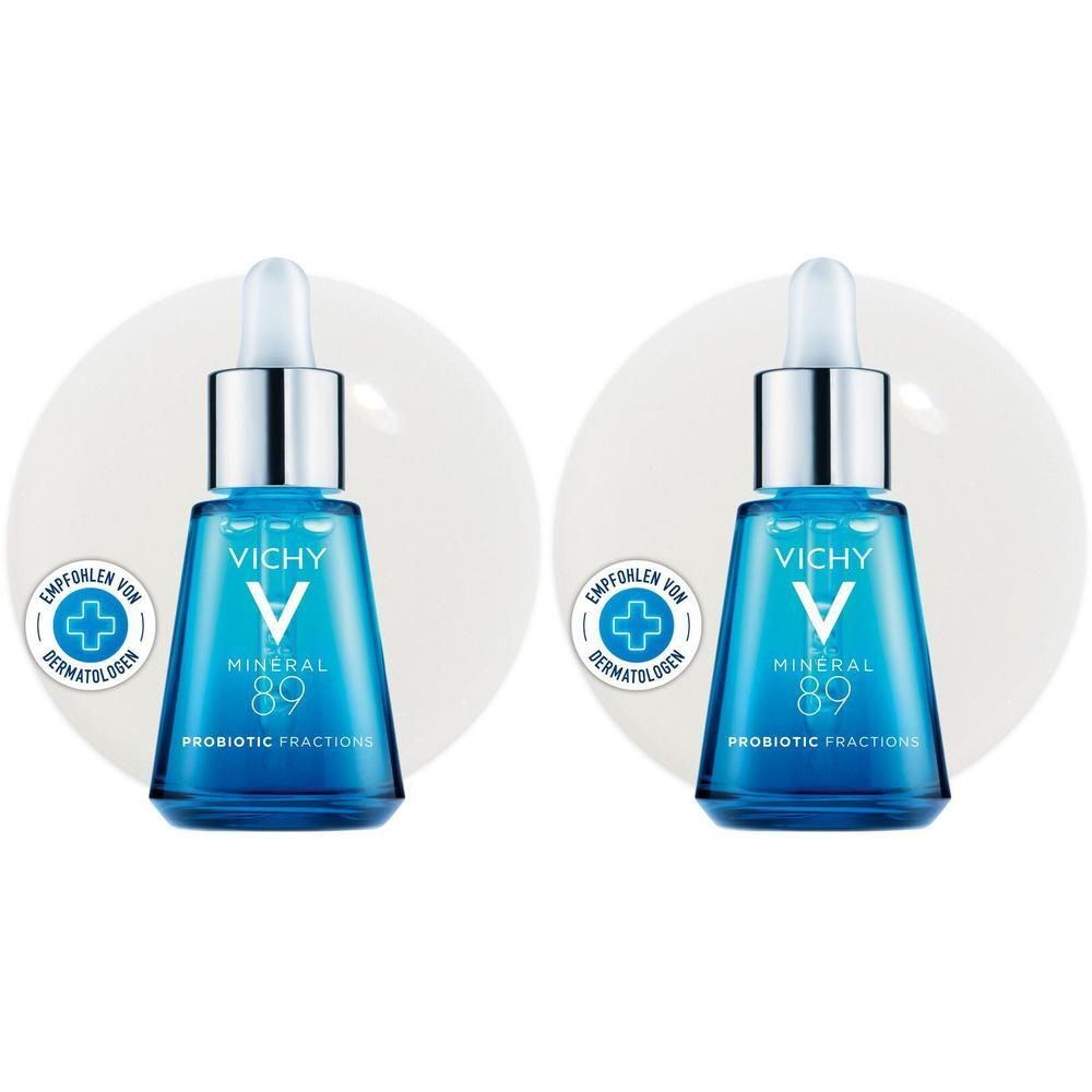 Zwei blaue Flaschen mit silbernen Deckeln und Pipetten. Auf jeder Flasche steht VICHY MINERAL 89 Probiotic Fractions.
