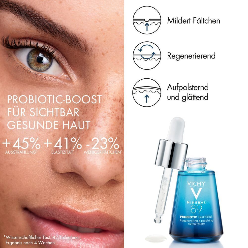 Nahaufnahme eines Auges und eines Produkts. Text: PROBIOTIC-BOOST FÜR GESUNDE HAUT. VICHY MINERAL 89 Probiotic Fractions.