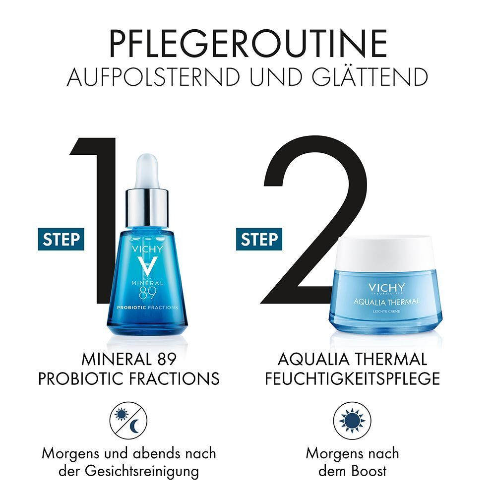 Pflegeroutine: Schritt 1: MINERAL 89 Probiotic Fractions. Schritt 2: AQUALIA THERMAL Feuchtigkeitspflege.
