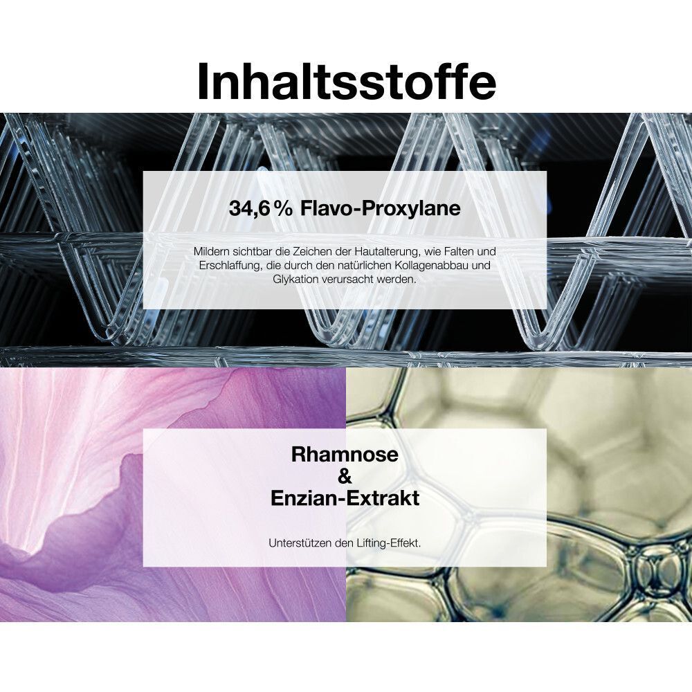 Inhaltsstoffe: 34,6% Flavo-Proxy lane, Rhamnose & Enzian-Extrakt. Text in weißen Rechtecken.