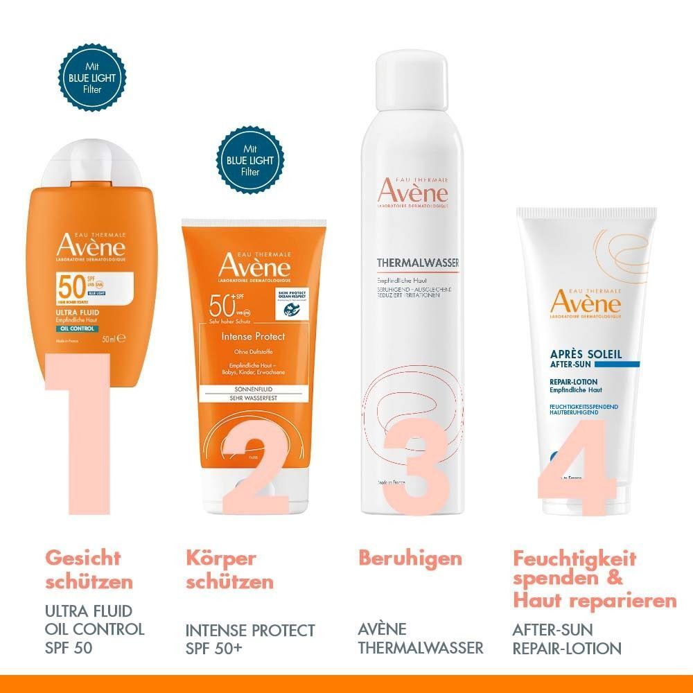 Vier AVENE-Produkte: Ultra Fluid Oil Control SPF 50, Intense Protect SPF 50+, Thermalwasser, After-Sun Repair-Lotion.