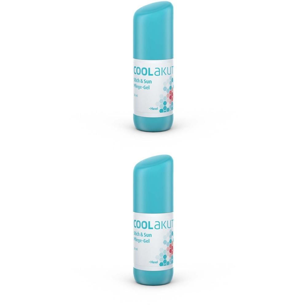 Zwei blaue Flaschen COOLAKUT Stich & Sun Pflege-Gel. Weiße Etiketten mit Produktinformationen und Logo.