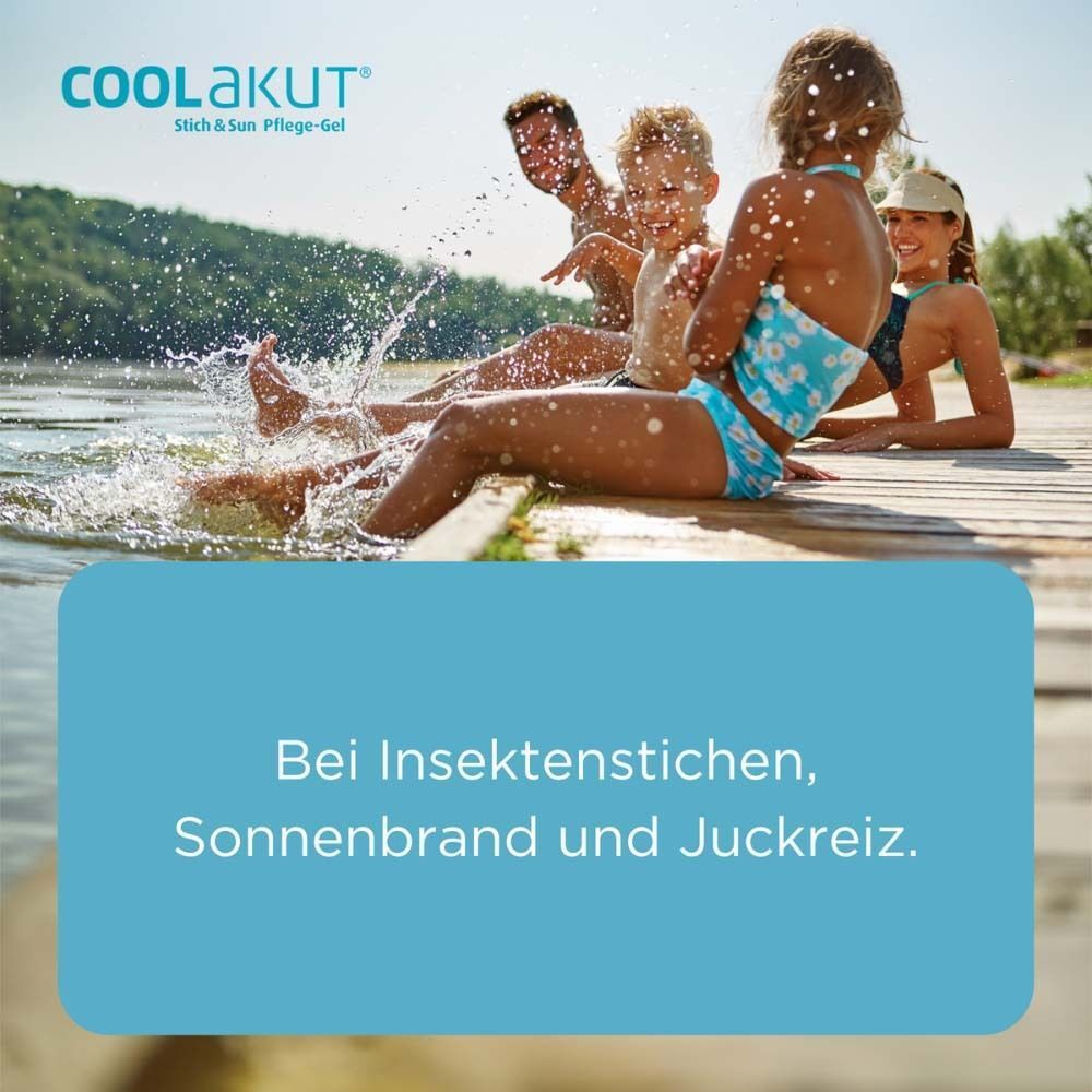 Familie am See. Text: Bei Insektenstichen, Sonnenbrand und Juckreiz. Logo COOLAKUT Stich & Sun Pflege-Gel.