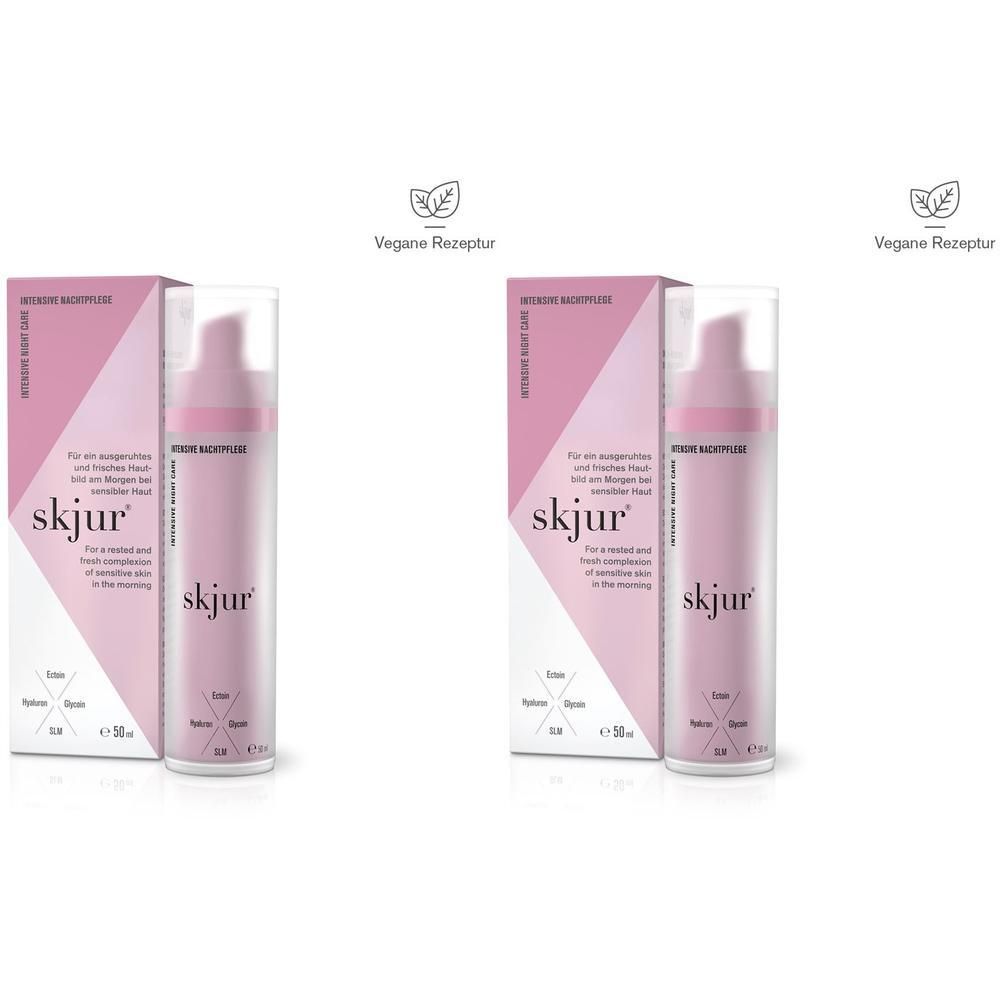 Zwei Flaschen SKJUR Nachtpflege Creme mit Verpackung. Rosa Flaschen mit weißer Schrift. Vegan-Siegel oben rechts.