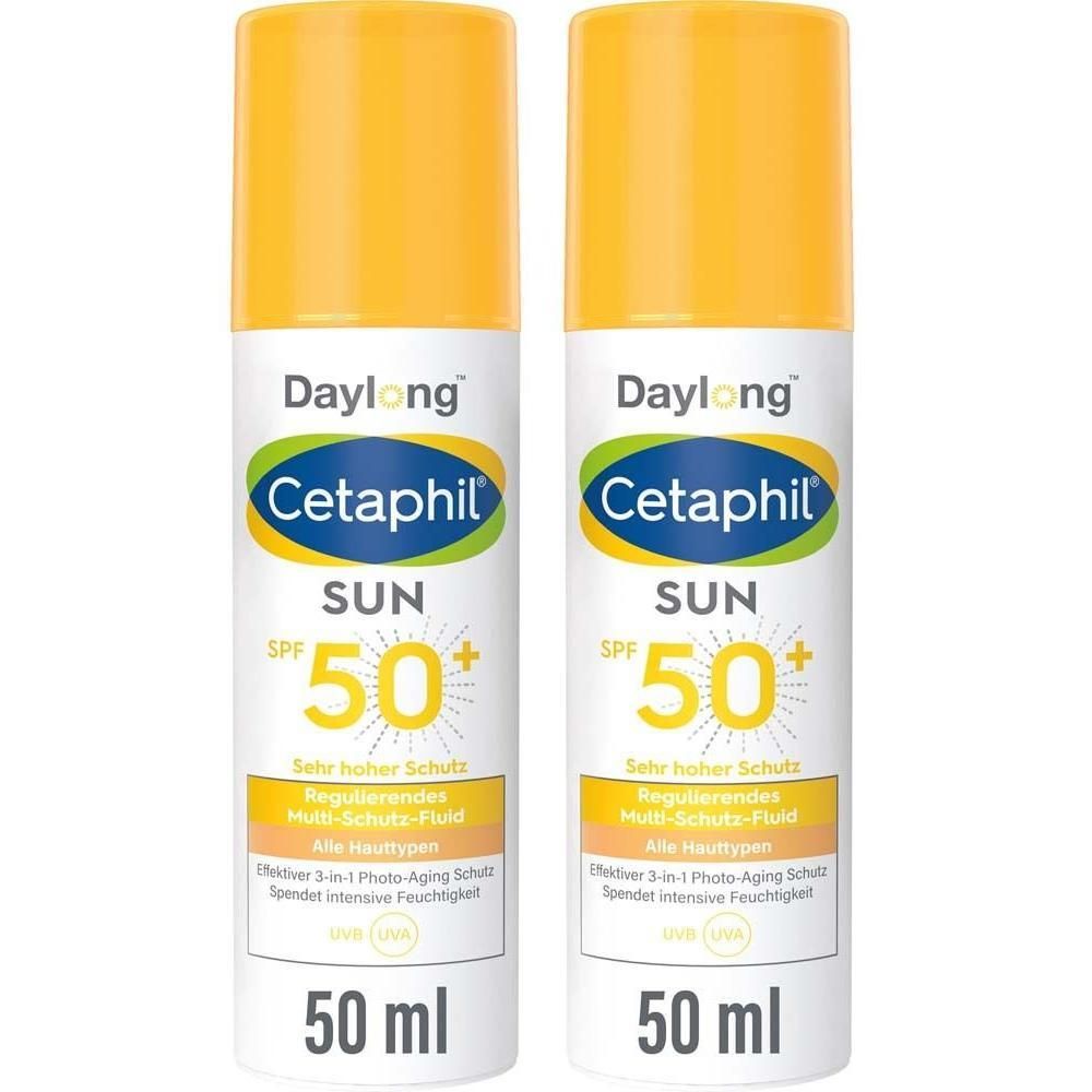 Zwei Flaschen CETAPHIL Sun Daylong SPF 50+ Fluid. Gelbe Kappen, weiße Flaschen mit blauer, grüner und gelber Beschriftung. 50 ml.