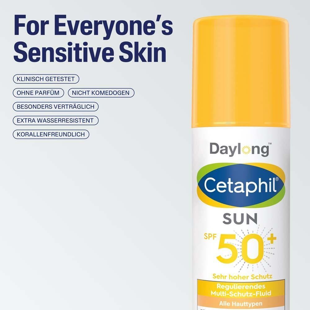 CETAPHIL Sun Daylong SPF 50+ Fluid. Gelbe Kappe, weiße Flasche mit blauer, grüner und gelber Beschriftung. Text: Für empfindliche Haut.