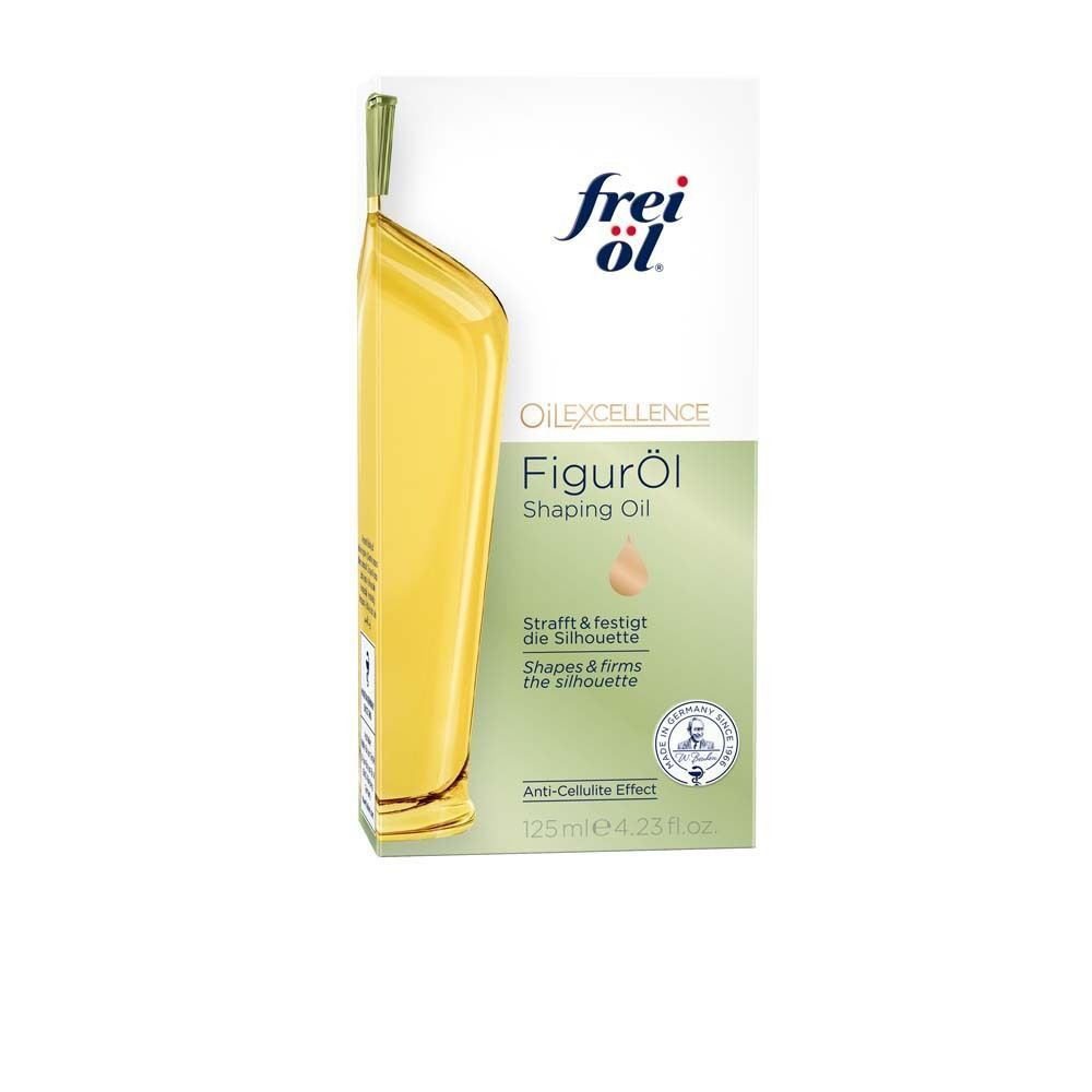 Verpackung von FREI ÖL FigurÖl. Flasche mit gelber Flüssigkeit und weißer Verpackung. Produktname und Logo.