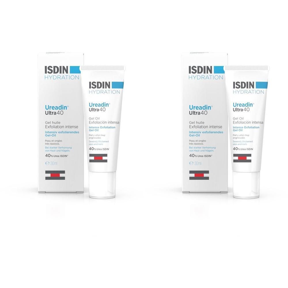 Zwei Tuben und zwei Kartons. Aufschrift: ISDIN Ureadin Ultra-40. Gel-Öl. Exfoliation intense. 40% Urea ISDIN. Weiße Verpackung.