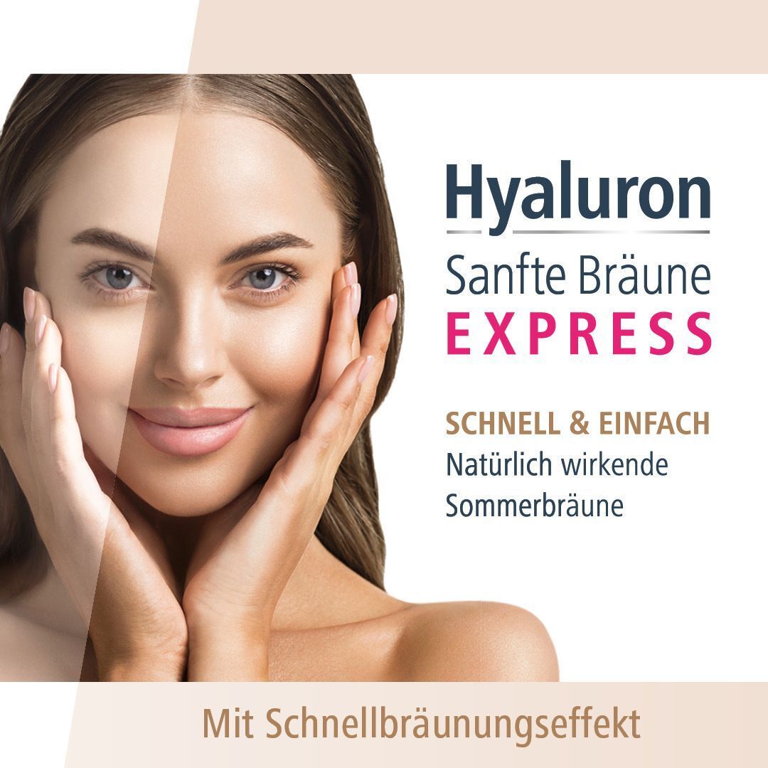 Frau mit gebräunter Haut. Aufschrift: Hyaluron Sanfte Bräune EXPRESS. Schnelle & einfache natürliche Sommerbräune.