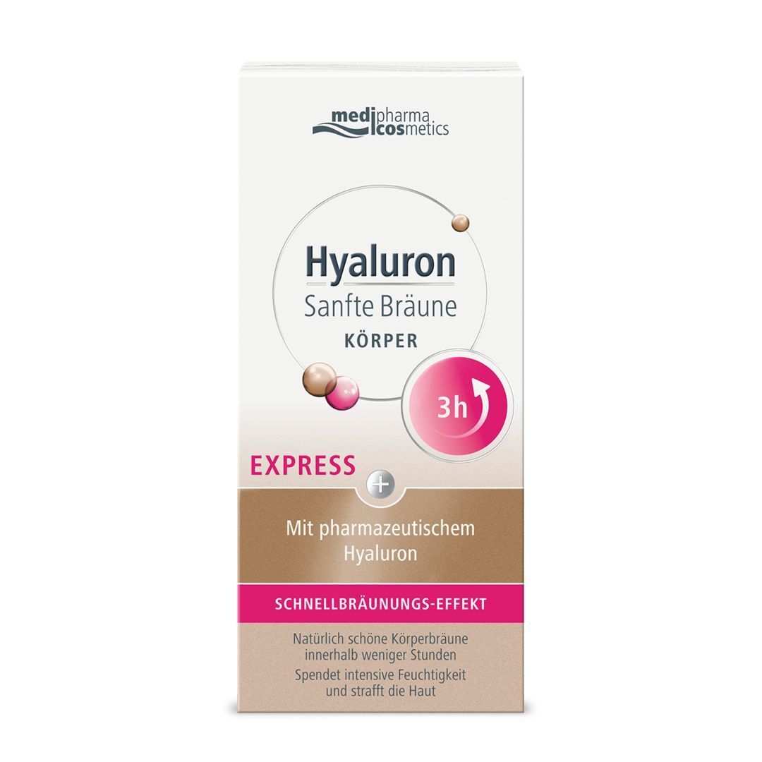 Produktverpackung. Aufschrift: Hyaluron Sanfte Bräune Körper Express. Mit pharmazeutischem Hyaluron. Schnelle Bräunung.