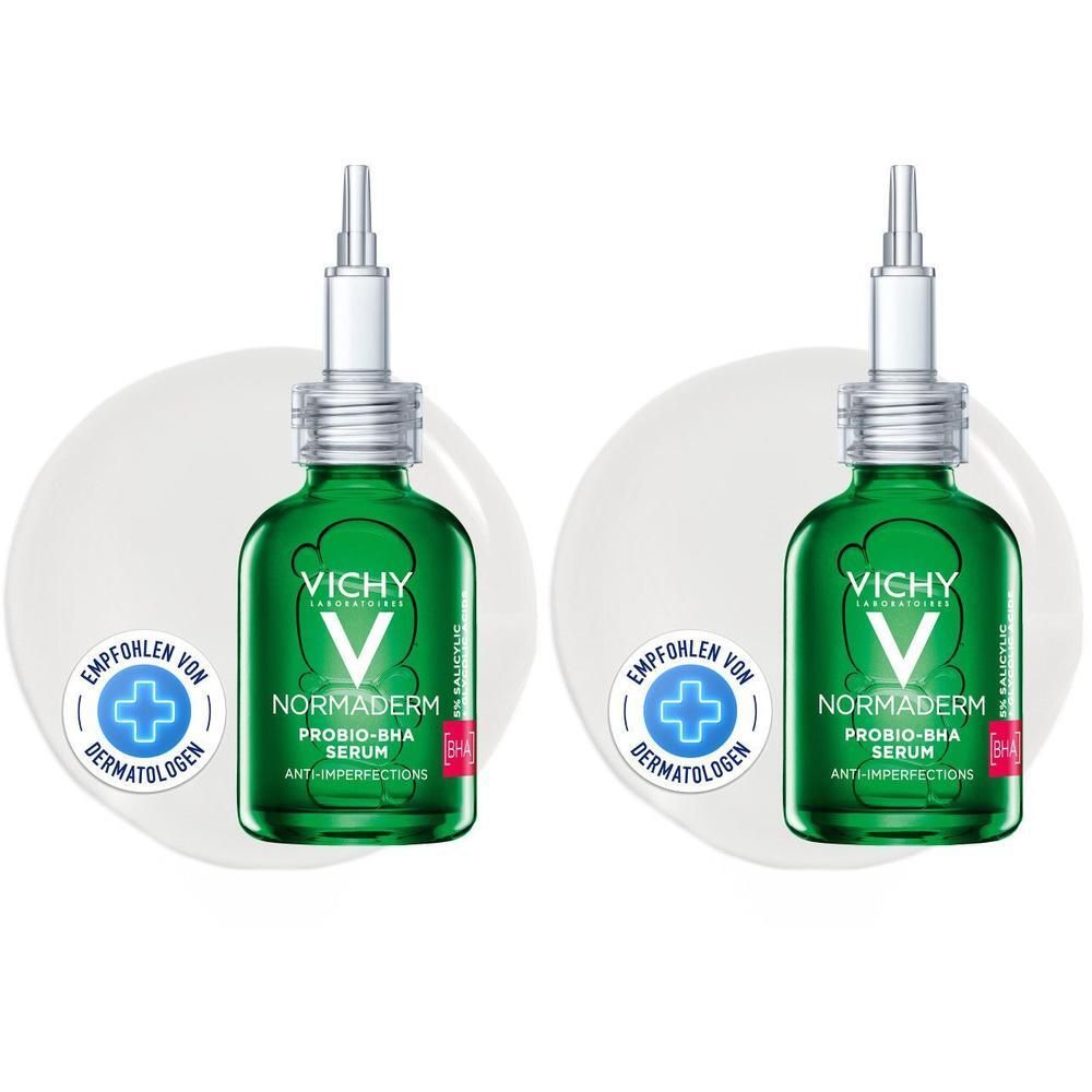 Zwei grüne Flaschen VICHY NORMADERM Serum. Auf jeder Flasche steht: PROBIO-BHA Serum, Anti-Unreinheiten. Dermatologisch getestet.