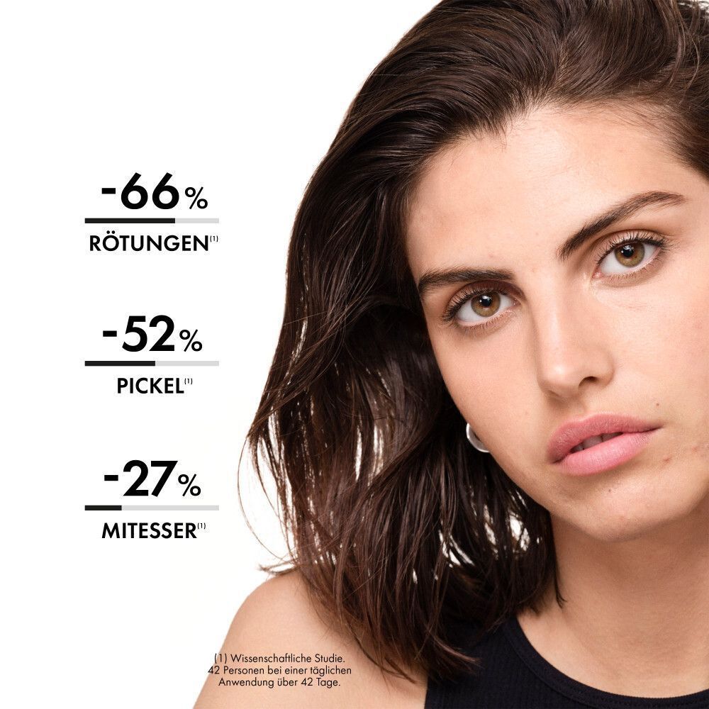 Gesicht einer Frau mit Text: -66% Rötungen, -52% Pickel, -27% Mitesser. Text: Wissenschaftliche Studie, 42 Personen, über 42 Tage.