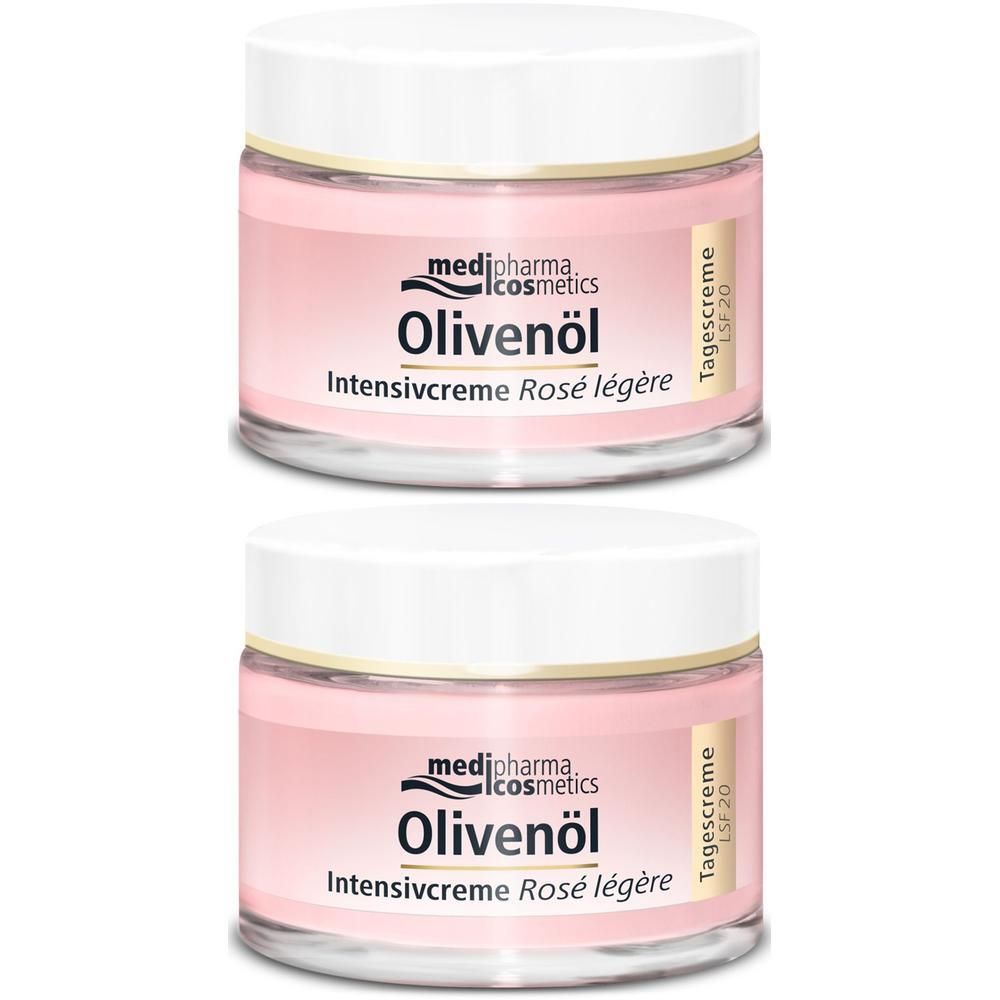 Zwei Tiegel Olivenöl Intensivcreme Rosé légère LSF 20. Weiße Deckel, rosa Creme, goldfarbene Etiketten mit Schriftzug.