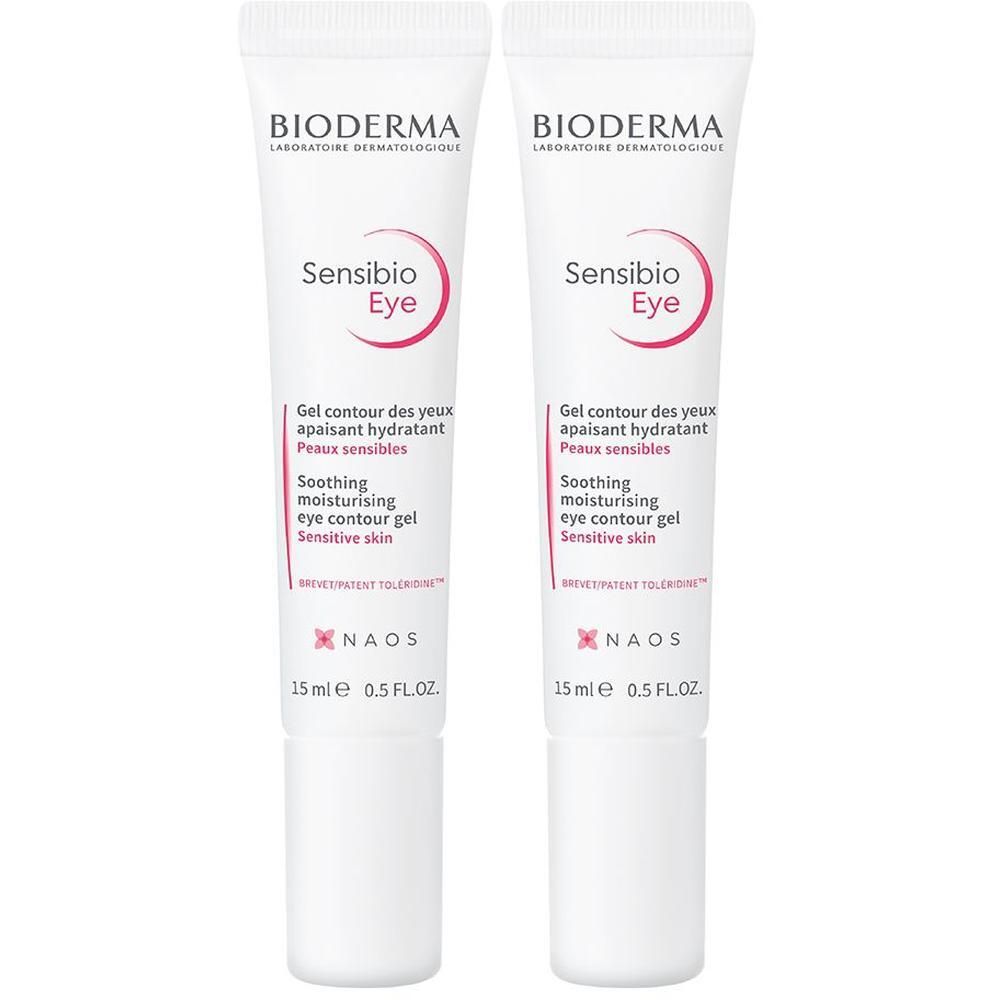 Zwei Tuben BIODERMA Sensibio Eye Augenpflege Gel. Weiße Tuben mit rosa und schwarzen Schriftzügen. 15 ml.