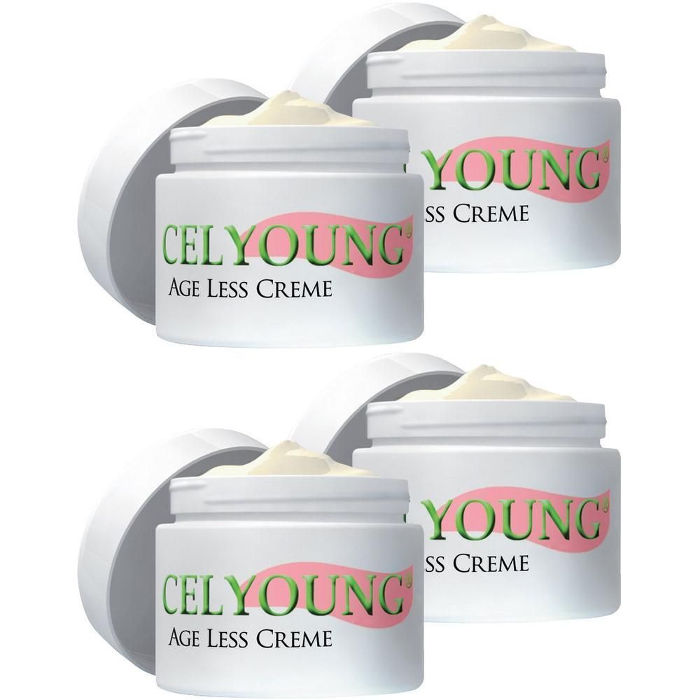 Vier Cremetiegel mit Deckel. Aufschrift: CELYOUNG AGE LESS CREME und YOUNG SS CREME. Creme ist hell.