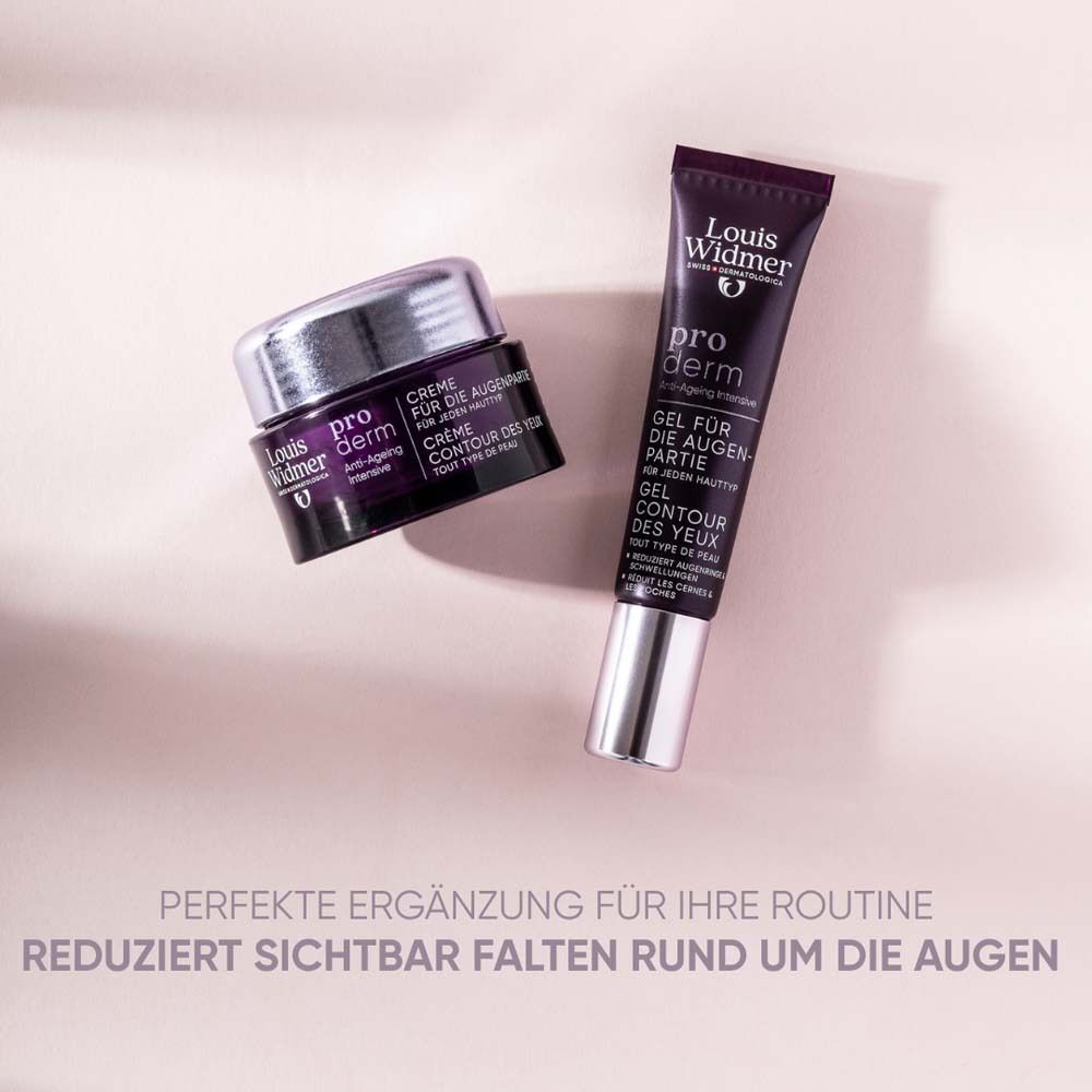 Creme und Tube Gel für die Augenpartie. Text: Perfekte Ergänzung für Ihre Routine. Reduziert sichtbar Falten rund um die Augen.