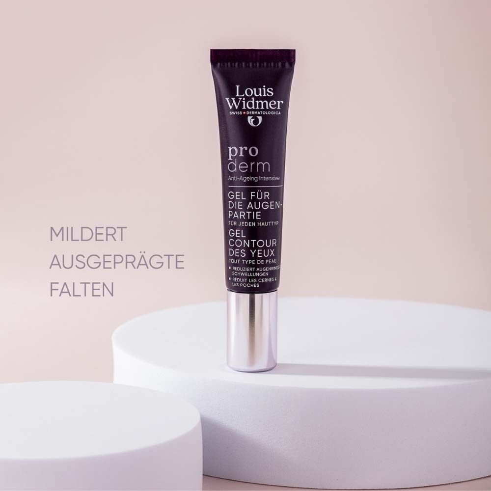Tube Gel für die Augenpartie auf Podest. Text: Mildert ausgeprägte Falten. Marke und Produktname sichtbar.