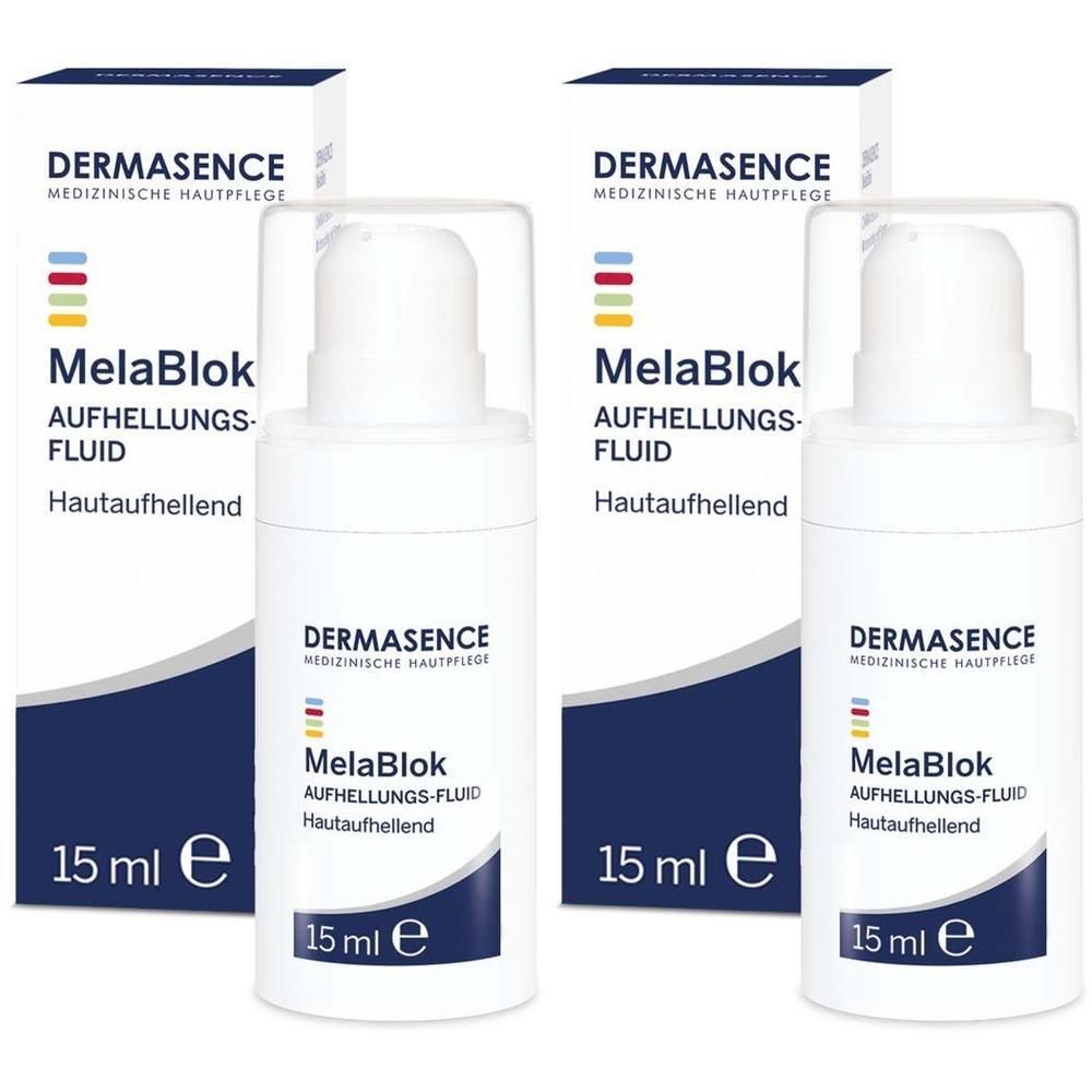 Zwei Flaschen mit weißem Pumpkopf und Umverpackung. Aufschrift: DERMASENCE MelaBlok, 15 ml.