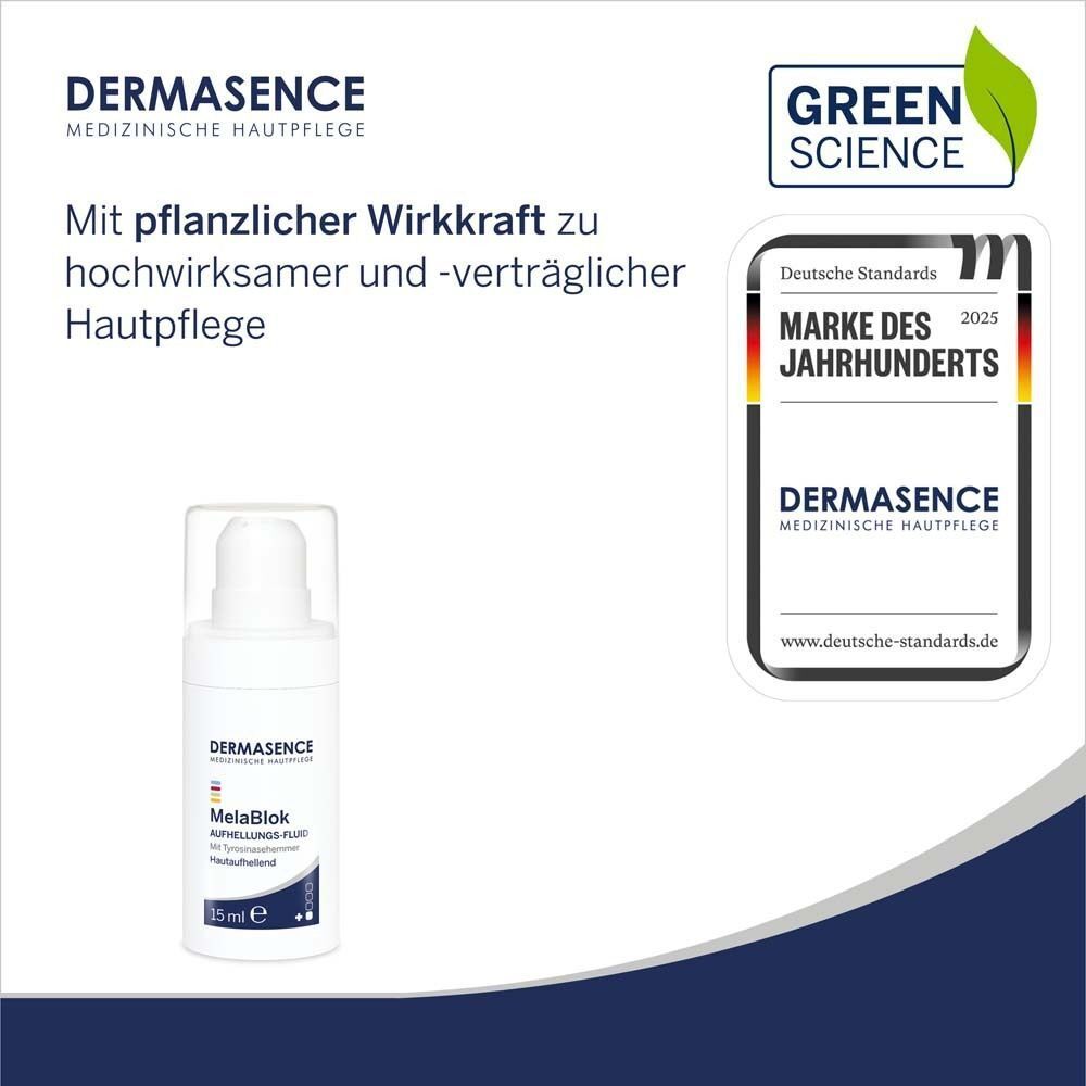Weiße Flasche mit Pumpkopf. Aufschrift: DERMASENCE MelaBlok. Logo Green Science. Auszeichnung: Marke des Jahrhunderts.